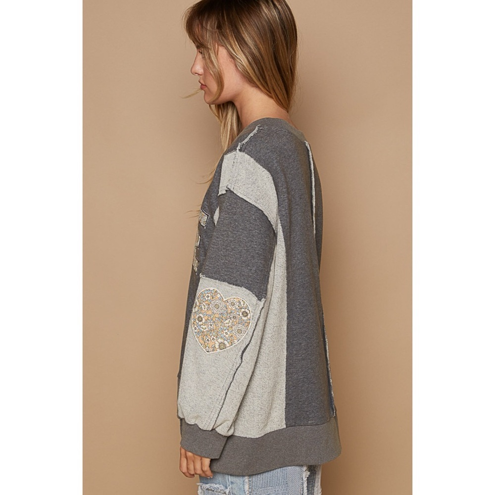 POL Charcoal Grey Graphic Sweatshirt | French Terry Color Block LOVE Pullover - Picture 3 of 6
